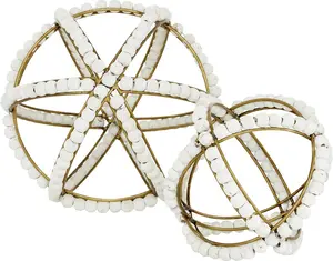 Metal Geometric Handmade Decorative Sculpture Beaded Home Decor Statues, Set of 2 Accent Figurines 7", 5"H, White