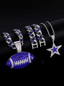 4pcs/set Punk Style Blue Five-Pointed Star and Rugby Pendant, Iced Out Blingbling Cuban Chain, Layered for Men Women, Iced Out Jewelry, Cuban Link Chain