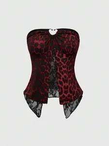 SHANIAH Grunge Punk Spring|Summer Carnival Party Casual Red Y2K Gyaru Stylish Women Leopard Print Lace Hem Crop Tube Top