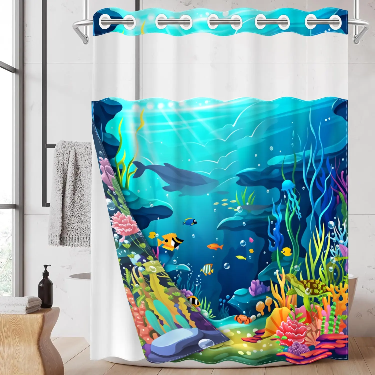 1PC 2D Flat Cartoon Underwater World Shower Curtain, Coral Fish Turtle Ocean Design, Waterproof & Detachable Liner, Bathroom Curtain, Bathroom Decor (No Hooks)