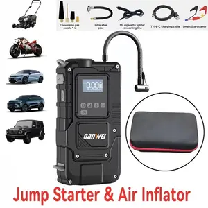 5-in-1 portable car jump starter with 150PSI tire inflator, suitable for 2.64-gallon gasoline or 2.38-gallon diesel engines, features a smart display, LED lighting, and power bank functionality. Automotive Tool Kit Car Jack Kit Car Essentials Vehicle