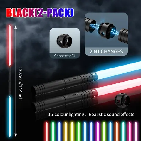 Durable Black Double-Sided Design Lightsaber Swords (1/2-Pack) for Families & Adults, USB-Rechargeable 1200mAh, 15-Color RGB Changing, 4 Sound Modes, Includes Batteries & Cells (Toys & Hobbies, Sports & Outdoor Play, Toy Swords & Sabres)