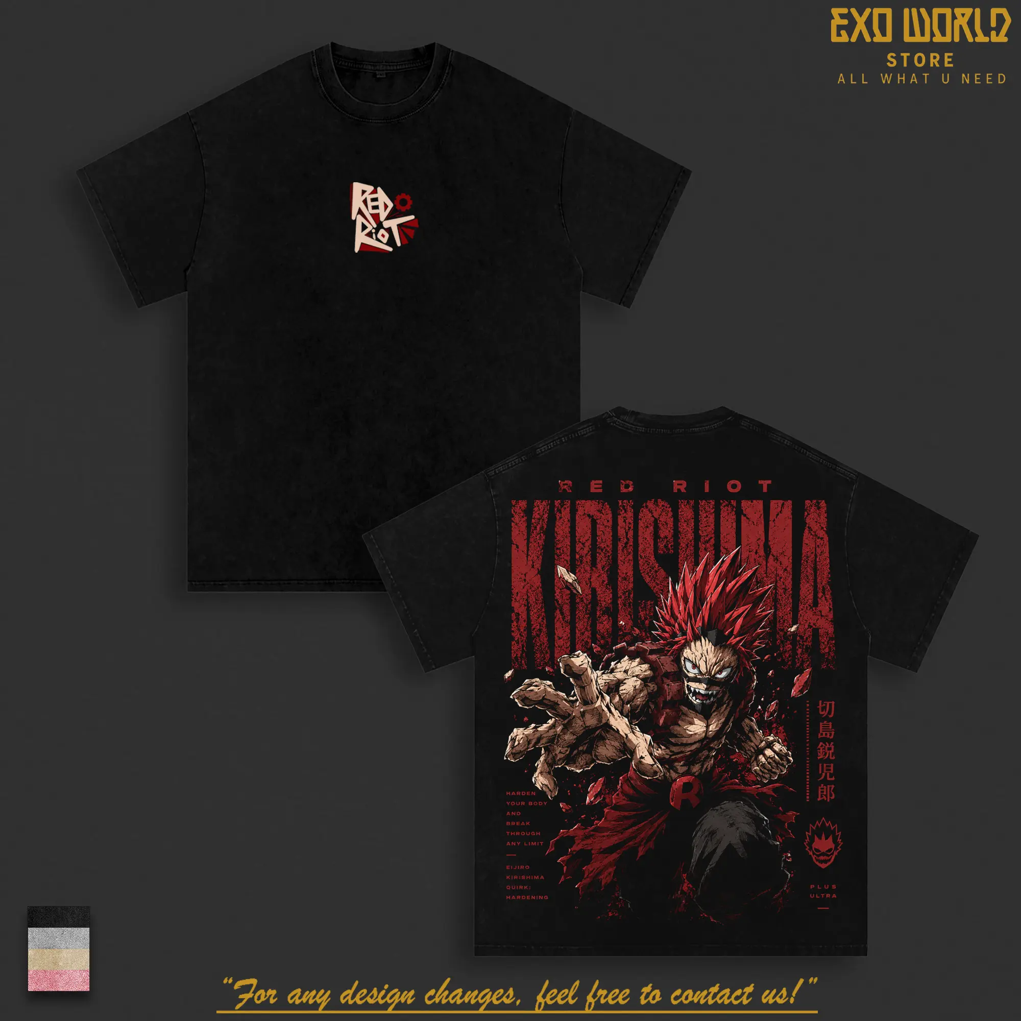 Eijiro Kirishima "Red Riot" Vintage Oversized Washed T-Shirt, My Hero Academia Heavy Cotton Graphic Tee, Hardening Mode Retro Anime Streetwear Unisex Apparel Classic