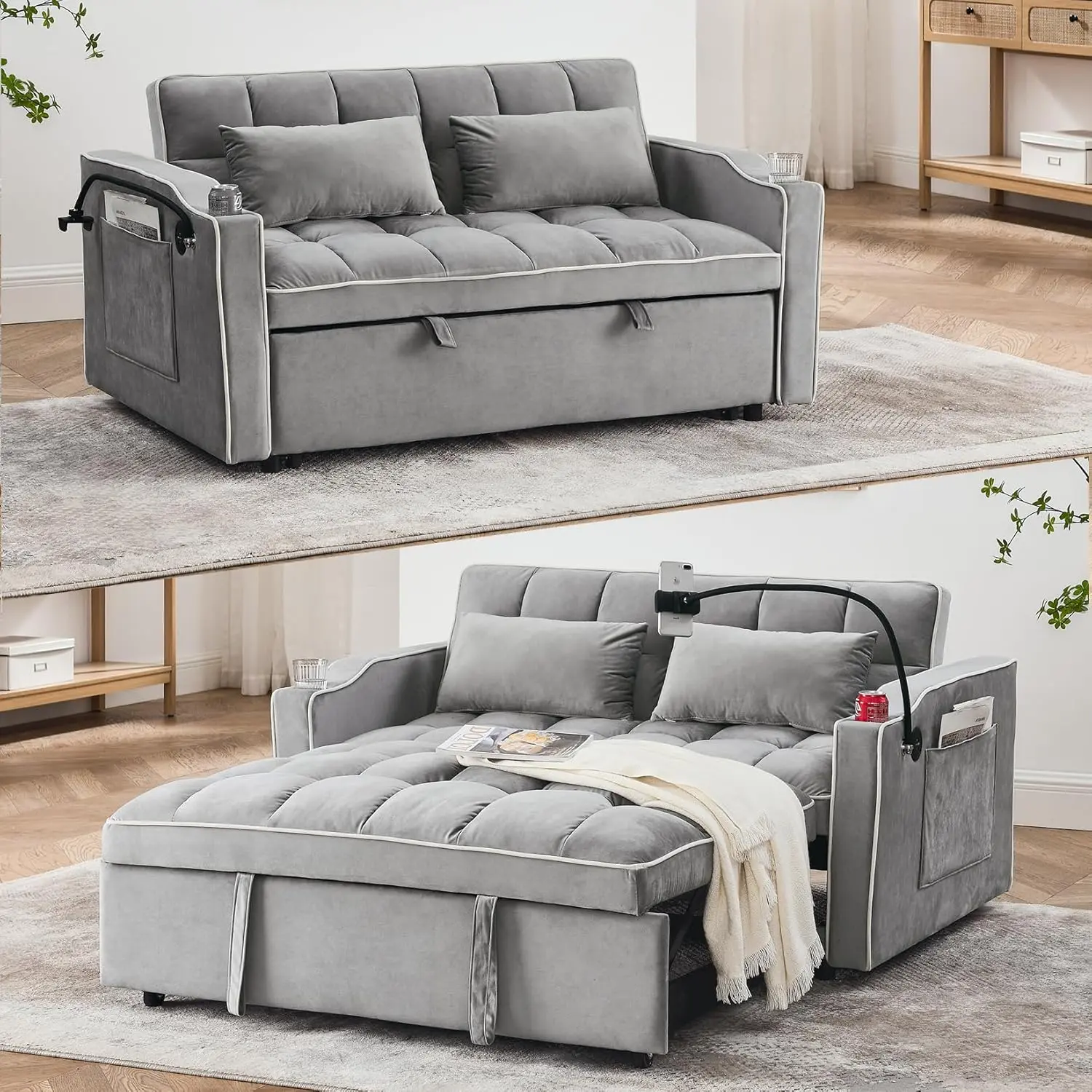 Convertible Sleeper Sofa Bed, Modern Futon Couch Pullout Couches Bed Velvet Pull-Out Bed, Adjustable Back and with USB Port and Ashtray and Swivel Phone Stand ﻿(Grey)