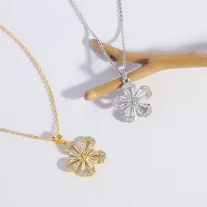 springtok Zircon Necklace Golden/Silver Flower Pendant Necklace Women's Daily Wear Gift