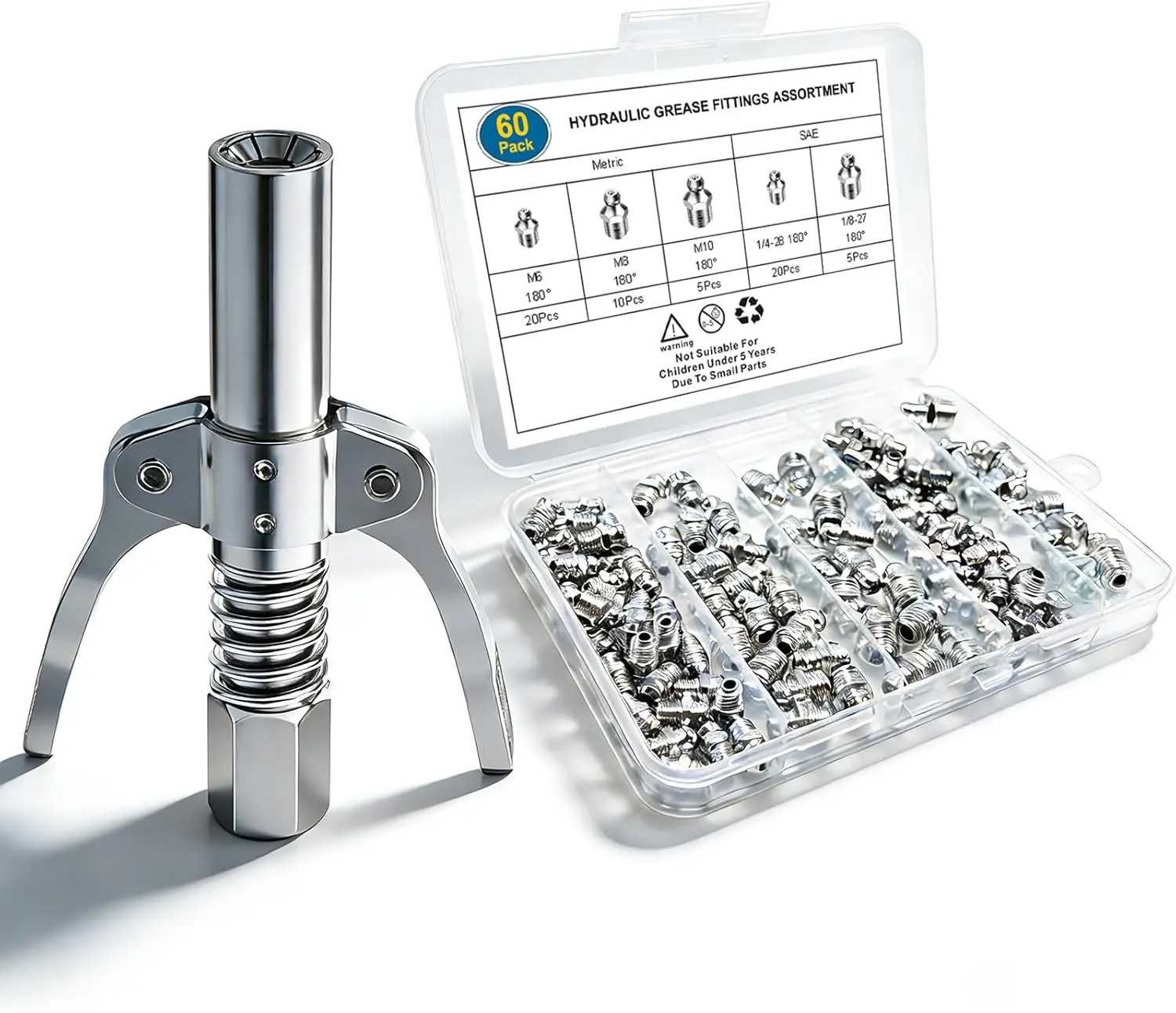 60Pcs Zerk Fittings Kit with Gun Coupler, Metric & SAE Sizes| 1/4" 1/8" M6-M10 Sizes, Quick-Release Coupler, for Tractor, Mower, ATV, Trailer, Farm & Home DIY Maintenance