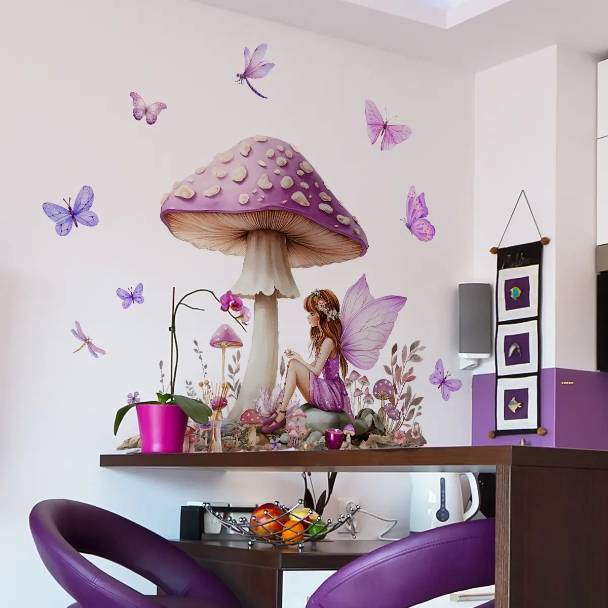 A watercolor purple-toned mushroom fairy wall sticker (30*90cm), serene fairy tale style, self-adhesive decorative decal, Interior Stickers for living room and bedroom walls