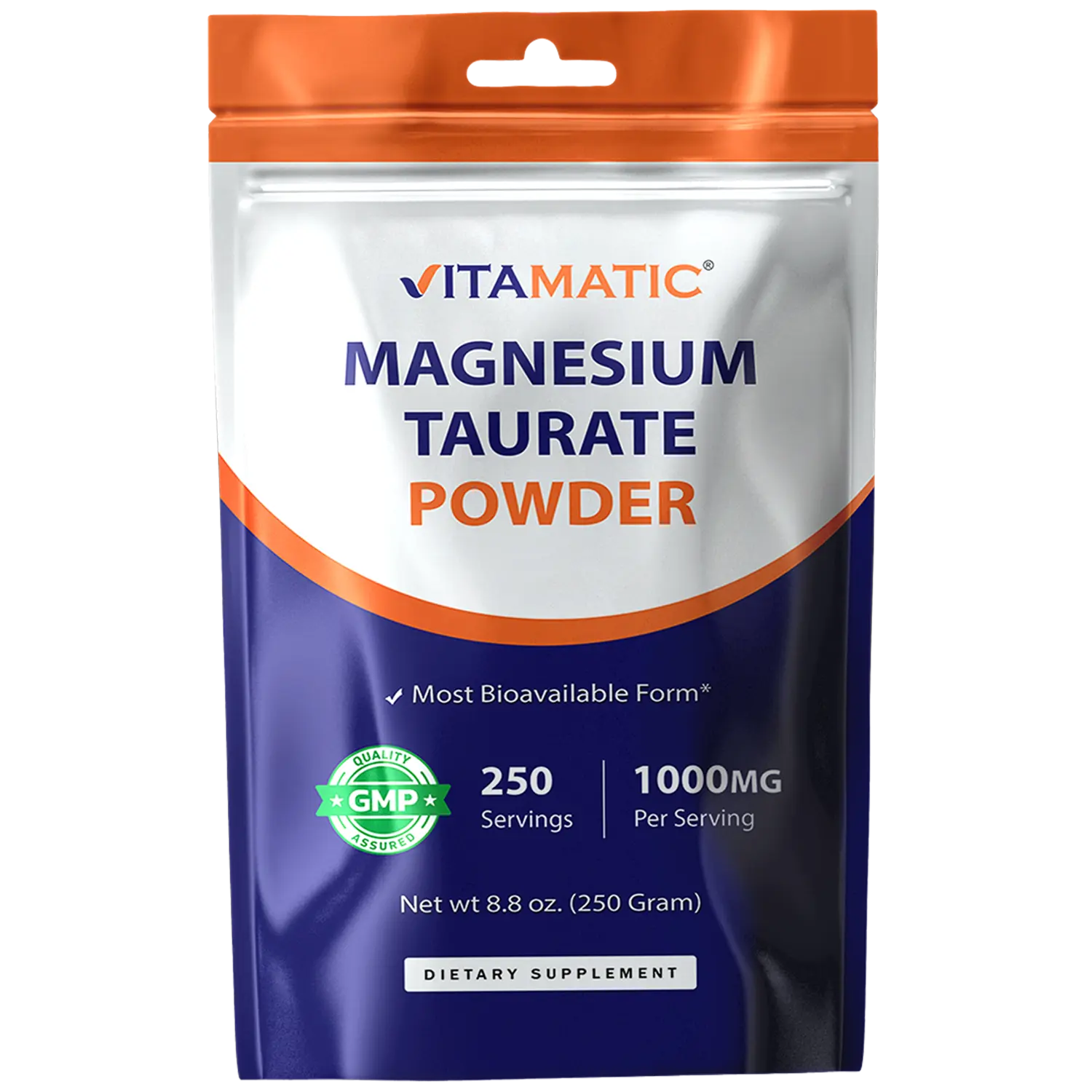 Vitamatic Magnesium Taurate Dietary Supplement - 1000mg per Serving, 250g (250 Servings), Gluten-Free, GMO-Free, Essential Mineral, Supports Muscle & Joint Health