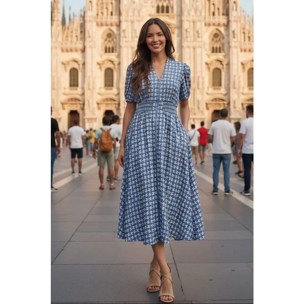 Jodifl Short Puff Sleeve Zip Up Geo Print Midi Dress, Geometric, Shortsleeve, Nylon, Elegance, Statement, Comfortable, Fabric, Smocked, Geo Pattern, Casual, Mid-Length, Rayon Blend, V-Neck, Zip Front, Short Sleeves, V-Neckline, Brunch Outfit Ideas, Clothe