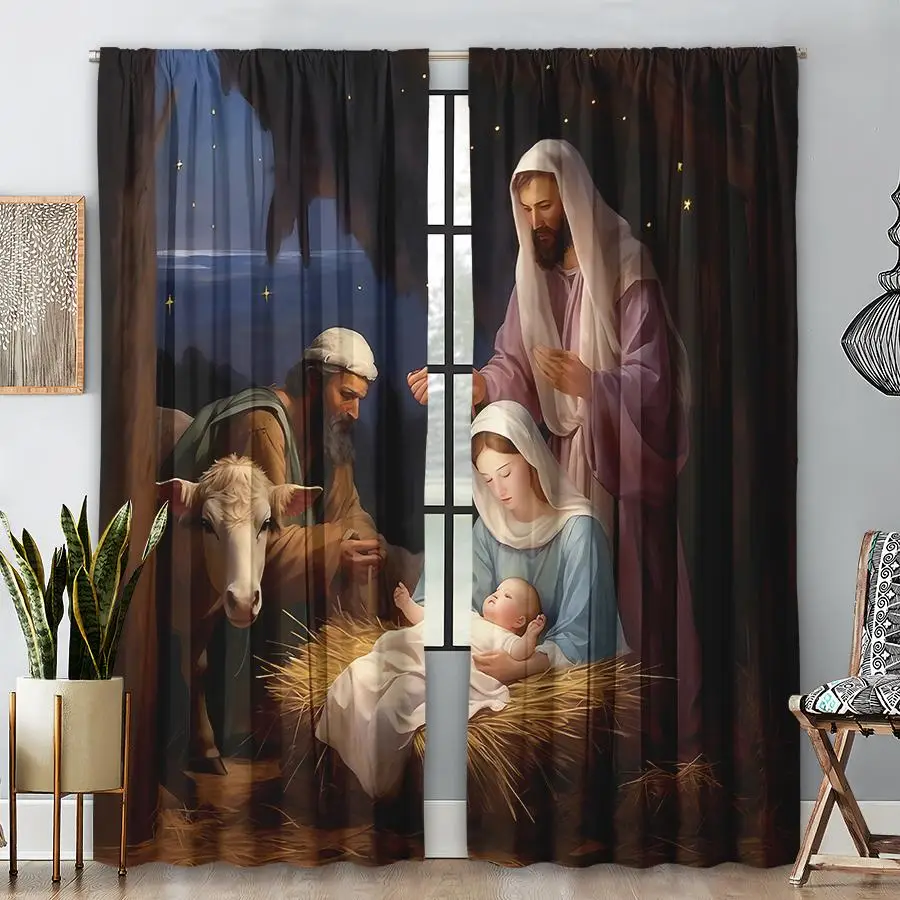 Cartoon Jesus & Family Pattern Curtain, 2pcs/set Home Decorative Curtain, Home Supplies for Bedroom & Living Room