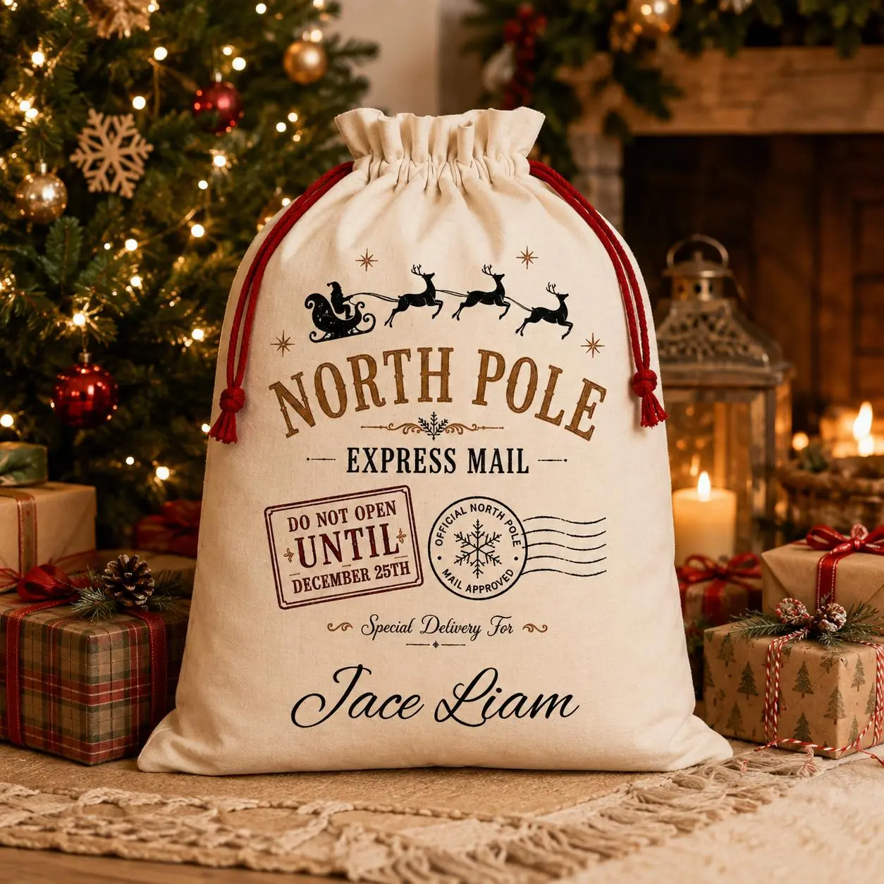 Name-Custom Personalized Santa Sack with Santa Print, Large North Pole Themed Christmas Gift Bag for Kids, Festive Gift Storage Bag Customized Gifts Festive Supplies