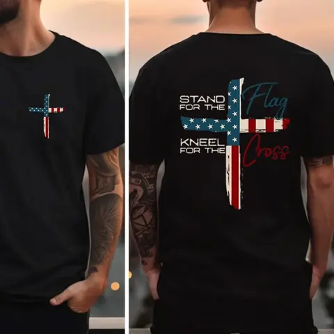 Stand For The Flag Kneel For The Cross  2 Sided T-Shirt, Graphic Tees for Men Cotton Fabric Casual Crew Neck Short Sleeve T-Shirt Trendy Tops Crewneck