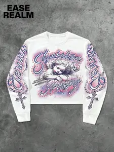 Y2K Gothic Angel Cupid Print Short Sweatshirt, Eternal Cross Long Sleeve Top, High Street Sweet Cool Style, Symbolism Artistry