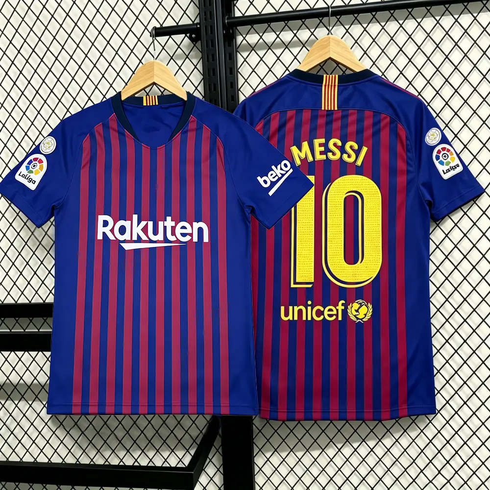18-19 Season Barcelona Home Red and Blue Short-Sleeve No. 10 Messi Football Jersey
