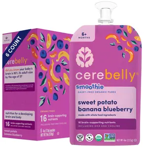 Cerebelly Organic Smoothie Pouches, Fruit and Veggie Squeeze Pouch Purees, Sweet Potato Banana Blueberry, 6+ Months (4 oz, Pack of 6)