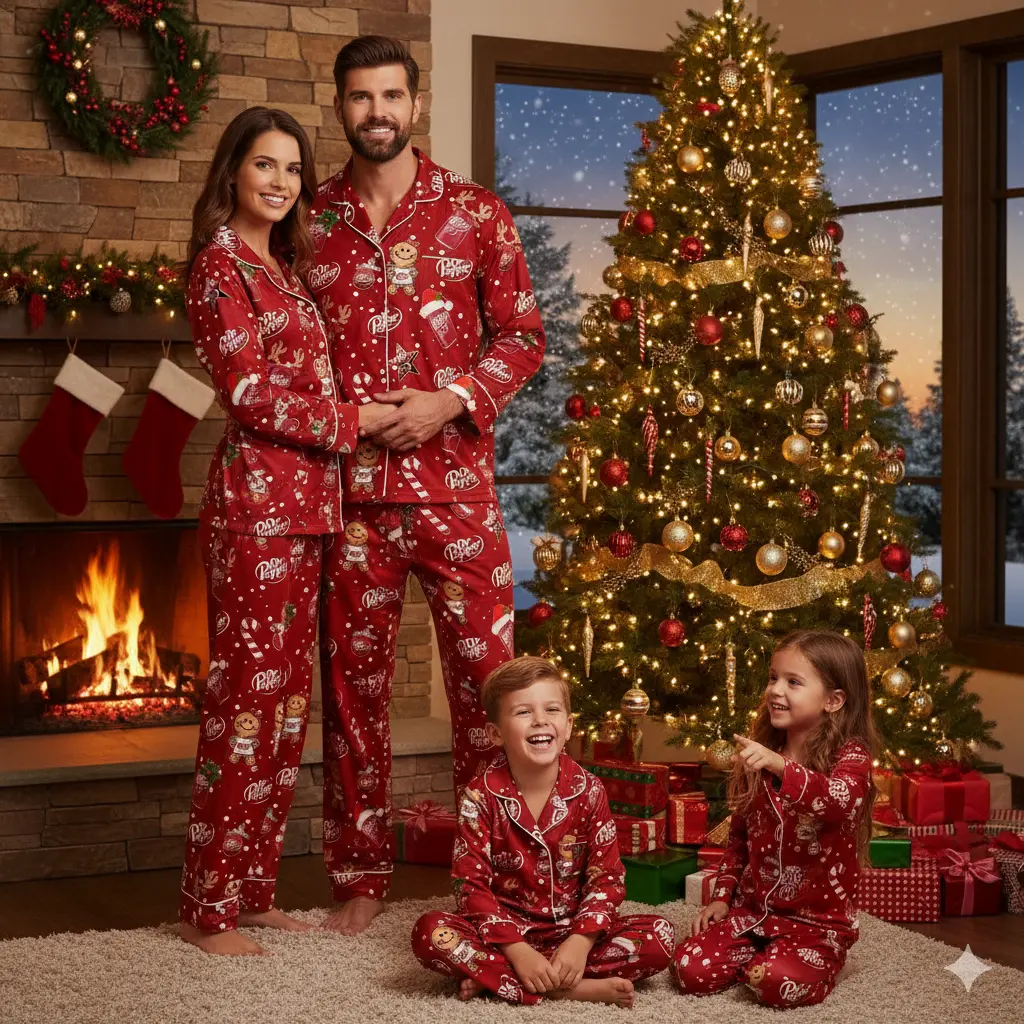 Women's Christmas Pepper Print Pajama Set, 2-Piece Long Sleeve Button-Down Satin Nightwear, Comfortable Loungewear, Tee, Style, Modest, Cute, Longsleeves