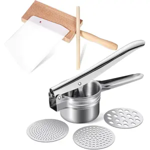 4 pieces gnocchi board set includes plastic trapezoidal baking scraper gnocchi pasta board stripper paddle dowel wood rolling pin stainless steel potato ricer masher with 3 interchangeable discs