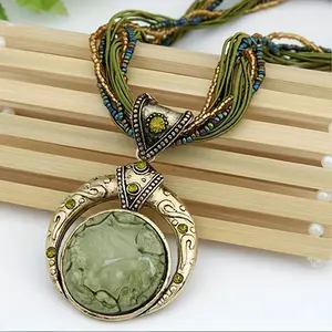 Elegant Bohemian Handmade Rice Bead Neckle With Green Gem Pendant - Retro Style, Multi Colored Beads, Casual Clothing And Gift Accessories, Gift Accessories | Bohemian Style | Alloy Gem Pendant