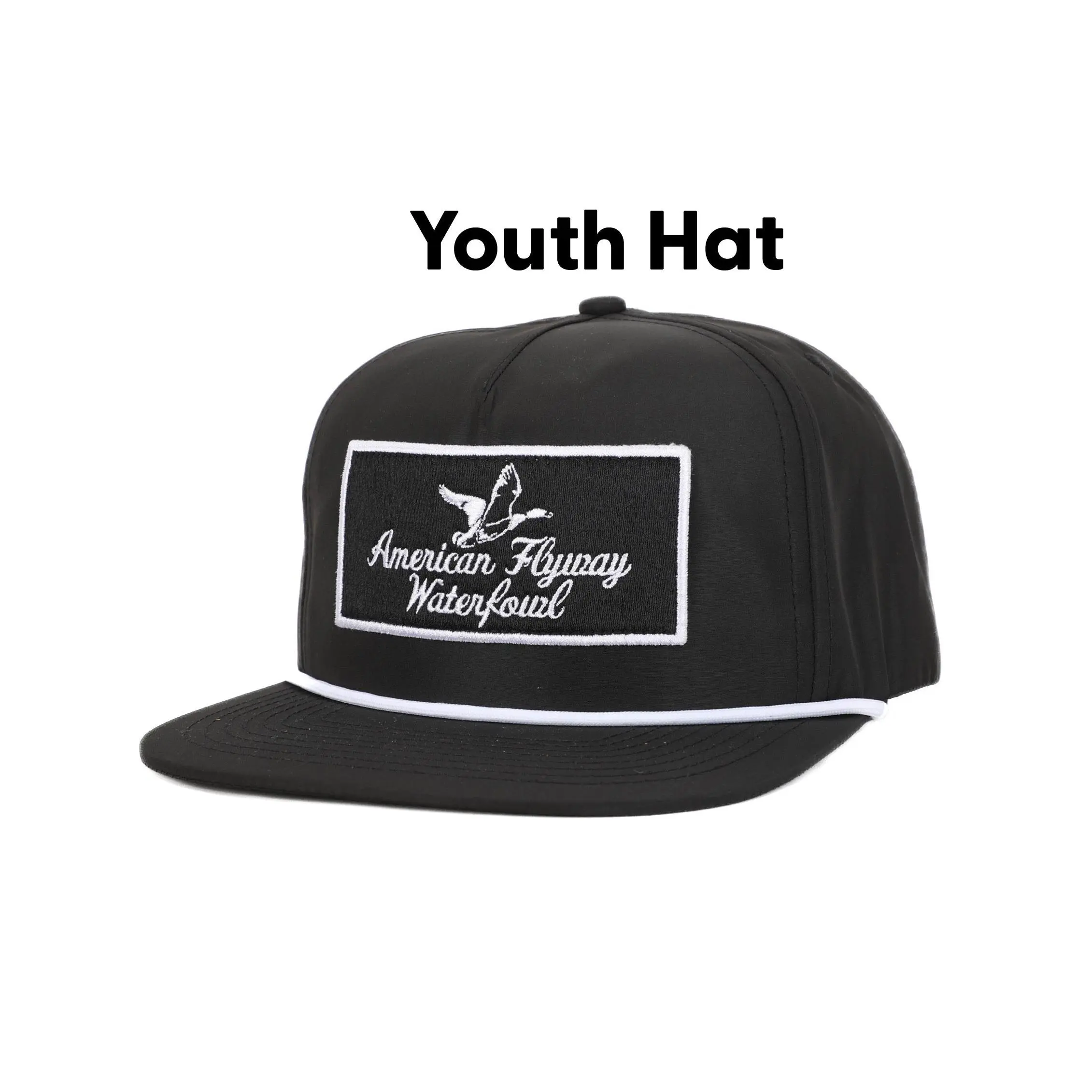 American Flyway Waterfowl Vintage Style Youth Trucker Hat - Black Solid Color Nylon Cap, White Rope, Patch-Accented, Adjustable Snapback, Vintage Fashion Hat, Trucker Hats