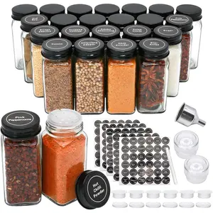 24pcs Spice Jars with180 Labels,Glass Spice Jars, Seasoning Containers,Seasoning Organizer,Include black metal lid, pen, grinder, stainless steel funnel, two type inner plugs