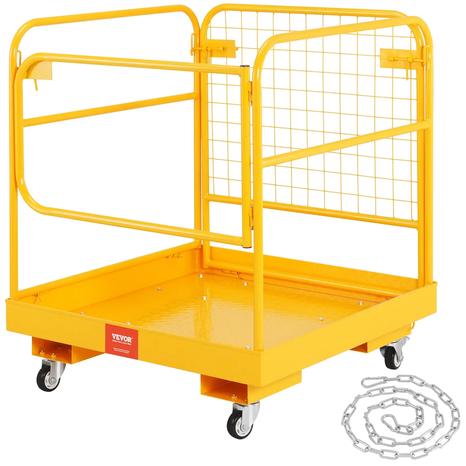 VEVOR Forklift Safety Cage, 1200 lbs Load Capacity, 36 x 36 inches Folding Forklift Work Platform with Lockable Swivel Wheels, Drain Hole & Device Cha