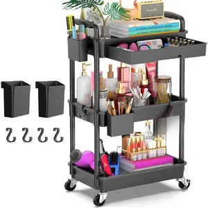 Goovilla 3 Tier Rolling Utility Cart Organizer with Removable Drawer Stable Sturdy Black Storage Carts 2 Lockable Wheels for Bathroom Kitchen Snack Craft Makeup Baby Essentials Plastic Rack