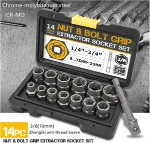 14-Piece Impact Bolt & Nut Remover Set – Includes Socket Tool Set and Hex Adapter for Stripped, Damaged, and Rusted Nuts and Bolts