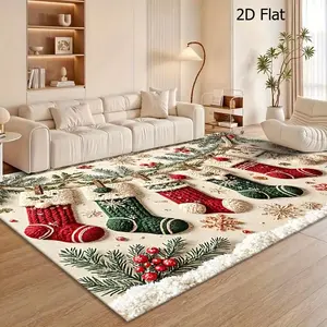Christmas Stocking Area Mat Non-Slip Soft Mat with Festive Stockings Holly & Snowflakes Design Holiday Decor for Living Room Bedroom Perfect Christmas Gift & Pet-Friendly Floor Protection Christmas Rugs for Living Room Seasonal Home Accent