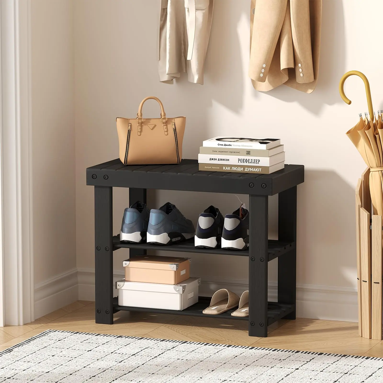 Three-Tier Bamboo Shoe Rack Bench with Sturdy Sitting Surface, Front Door Entrance Organizer with Ample Shoe Storage, Multipurpose Small Bench for Bedroom, Hallway, Living Room, Entryway and Apartment