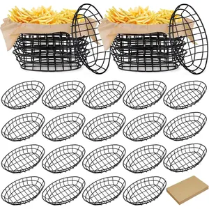 24 count Black Wire Bread Basket with 100 Sheets Deli Wrappers Paper 9.5 x 6.2 x 2.2 Inches Metal Bread Box Oval Metal Dinner Roll Baskets Storage for Kitchen Table