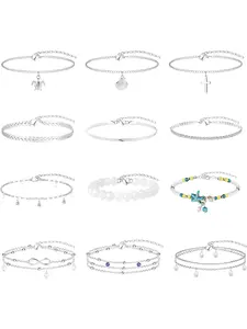 12 Pcs Ankle Bracelets for Women Adjustable Beaded Ankle Bracelet Chain Layered Boho Anklets Summer Beach Anklet Bracelets Set Gold Silver Anklets for Women