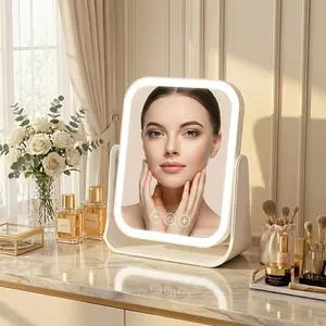 LED Makeup Mirror Rechargeable Three Color Lighting Foldable Travel Makeup Mirror 360 Degree Rotation Touch Control Dimming Vanity Mirror