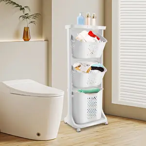 2-Tier Rolling Laundry Basket with Wheels & Brakes 43cm White PP Storage Organizer for Bathroom Bedroom Clothes Toiletries 10kg Capacity Modern