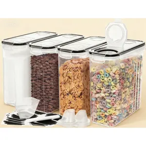 4-Piece Airtight Cereal Dispensers with Pour Spout, Large 4L/135 oz Food Storage Containers for Kitchen Pantry Organization, Reusable Plastic Canisters with Measuring Cup & Labels, Easy-Stack Design