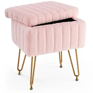Vanity Stool Chair with Storage, Ottoman Faux Fur Soft Padded Makeup Footstools Seat with 4 Metal Legs Anti-Slip Adjustable Feet Modern