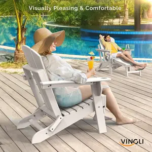 VINGLI Folding Adirondack Chair with Ottoman, Waterproof Plastic HDPE Firepit Chair for Outside with Hidden Footrests, Foldable Ergonomics Seating for Patio Porch Yard Garden