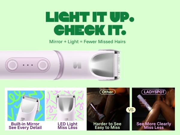 LADYSPOT  Women Shaver -180° Rotatable Flexible Ergonomic Head with Built-in Light & Mirror, 2-in-1 Trim & Shave IPX7 Waterproof Wet Dry Lady Trimmer for Leg Underarm Bikini Line,dorm essentials, Dry Shaving Solutions