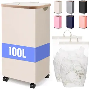 100L Laundry Hamper With Wheels,Large Collapsible Rolling Laundry Basket,Dirty Clothes Hamper With Lid in Laundry Room Bedroom Bathroom College Dorm for Adults,BEIGE
