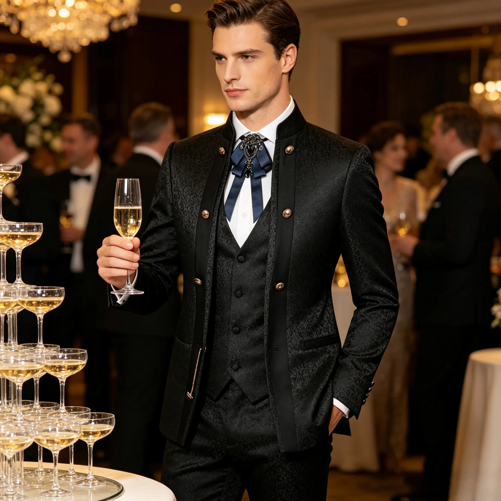 Men's 3-Piece Chic Jacquard Suit - Slim Fit Formal Tuxedo with Mandarin Collar Blazer, Matching Vest & Trousers for Wedding Events