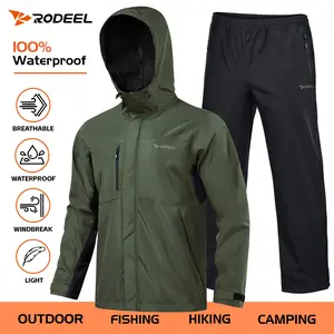 RODEEL 719 Men’s Waterproof Rain Suit Jacket and Pants Set Lightweight Breathable Full Zip Hooded Raincoat Durable Weatherproof Rainwear Windbreaker Workwear for Walking Hiking Camping Fishing Boating Construction Roofing Landscaping