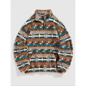 Men's Ethnic Pattern Zip Up Kangaroo Pocket Plush Sweatshirt, Casual Boho Style Drop Shoulder Long Sleeve Fuzzy Outerwear, Men's Fall & Winter Clothes