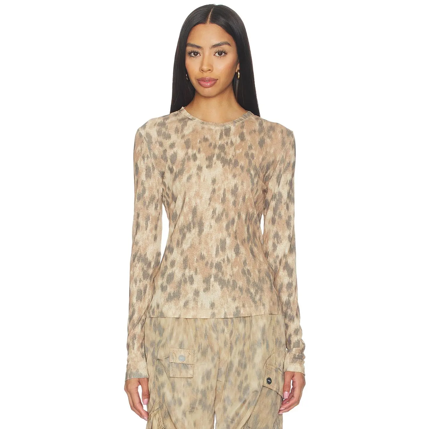 Ganni Printed Marl Mesh Long Sleeve Top in Burro Ganni Printed Marl Mesh Long Sleeve Top in Burro