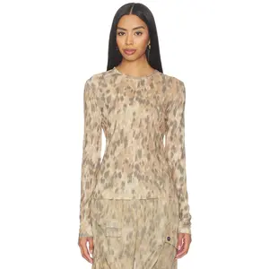 Ganni Printed Marl Mesh Long Sleeve Top in Burro