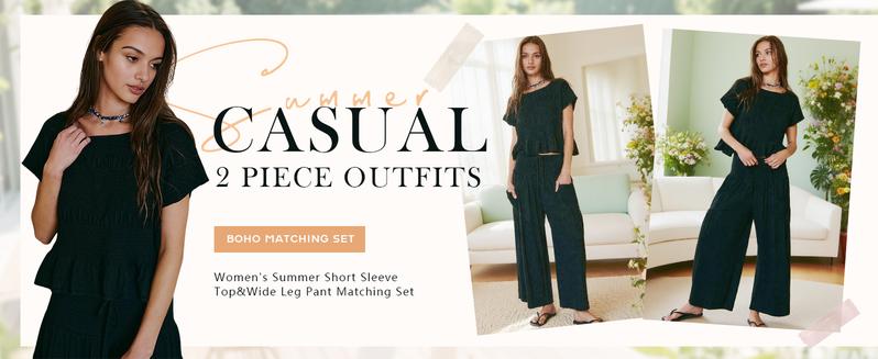 Yeokou Women’s 2-Piece Smocked Top & Wide-Leg Pants Set–High-Waisted Lounge Outfit with Pockets Casual Boho Matching Set