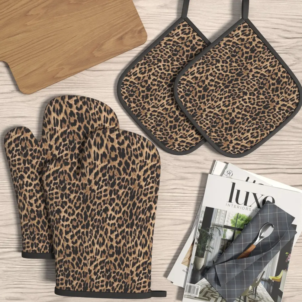 4pcs Heat Resistant Insulated Oven Mitts & Potholders Set, Leopard Print Design, Kitchenware, Ideal for Kitchen, Cooking, Grilling, Baking, Perfect Gift