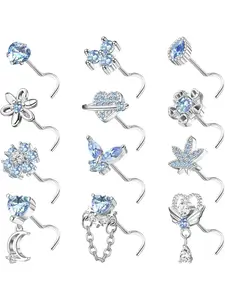 12 PCS 20G Nose Rings Surgical Stainless Steel, S/L Shaped Nose Studs for Women Men, CZ Heart Butterfly Flower Leaf Moon Dangle Cute Nose Piercings Studs Screw Jewelry Pink/Purple/Blue/Clear