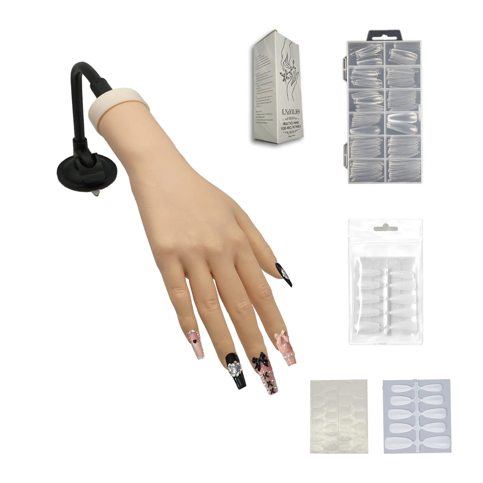 Practice Hand for Acrylic Nails, Realistic, Silicone, Fake Hand with Strong Suction Cup, Nail Practice Hand with Acrylic Nails and Jelly Gel, Realistic Mannequin Hand Clear Cutics Manicure