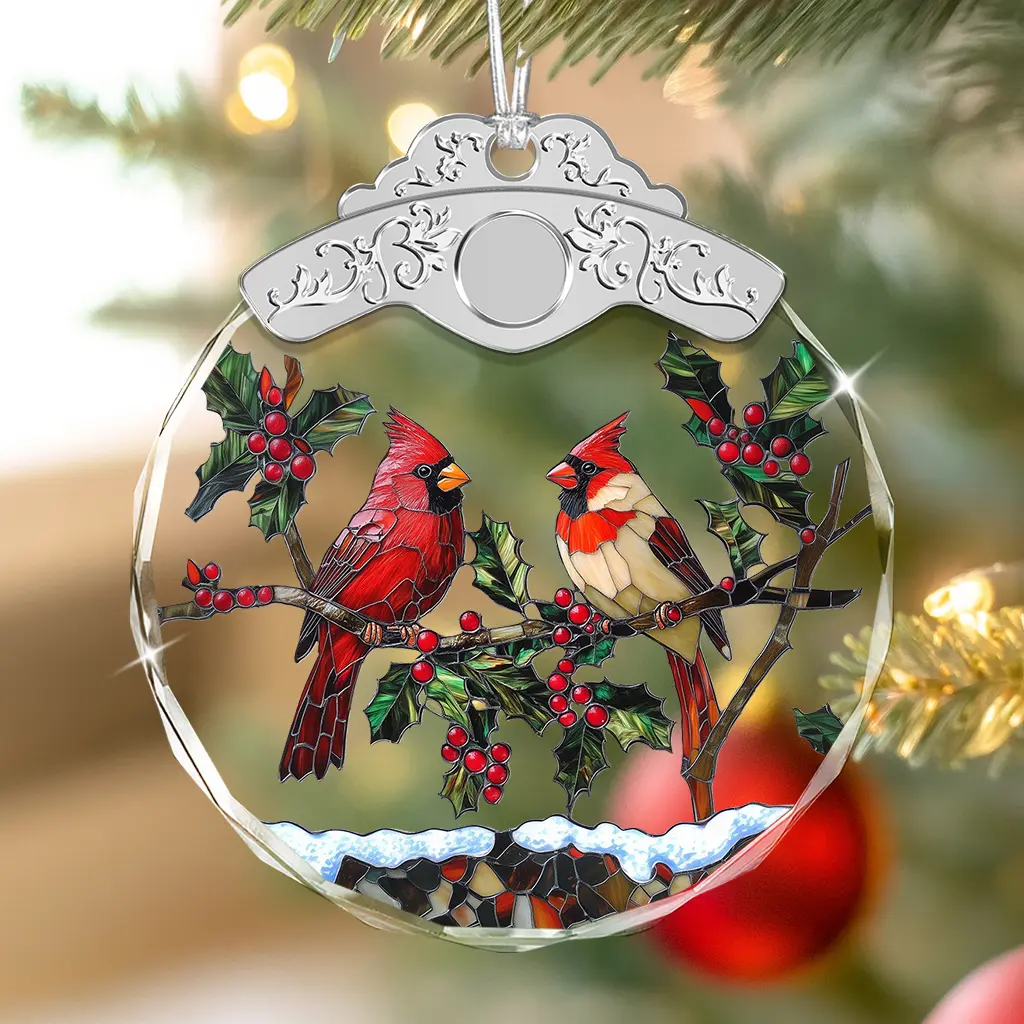 Stained Glass Cardinal Bird Ornaments - Christmas Tree Decor, Holiday Presents, Car Hanging Accessory, Wine Bottle Accent - Perfect for Bird Lovers, Family & Friends - Christmas Holiday Gift