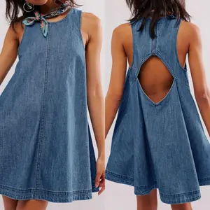 Women's Denim Dress Spring Summer New Fashion Casual Sleeveless Backless Short Skirt Trendy Denim Mini Dress A-Line Dress Springtok Womenswear Comfort Outdoorfun