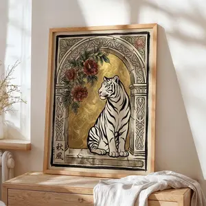 [Sale off up to 50%] [Free ship] [No Frame] White tiger wall art print, Art Nouveau tiger poster, Japanese floral decor, ornate gold maximalist artwork